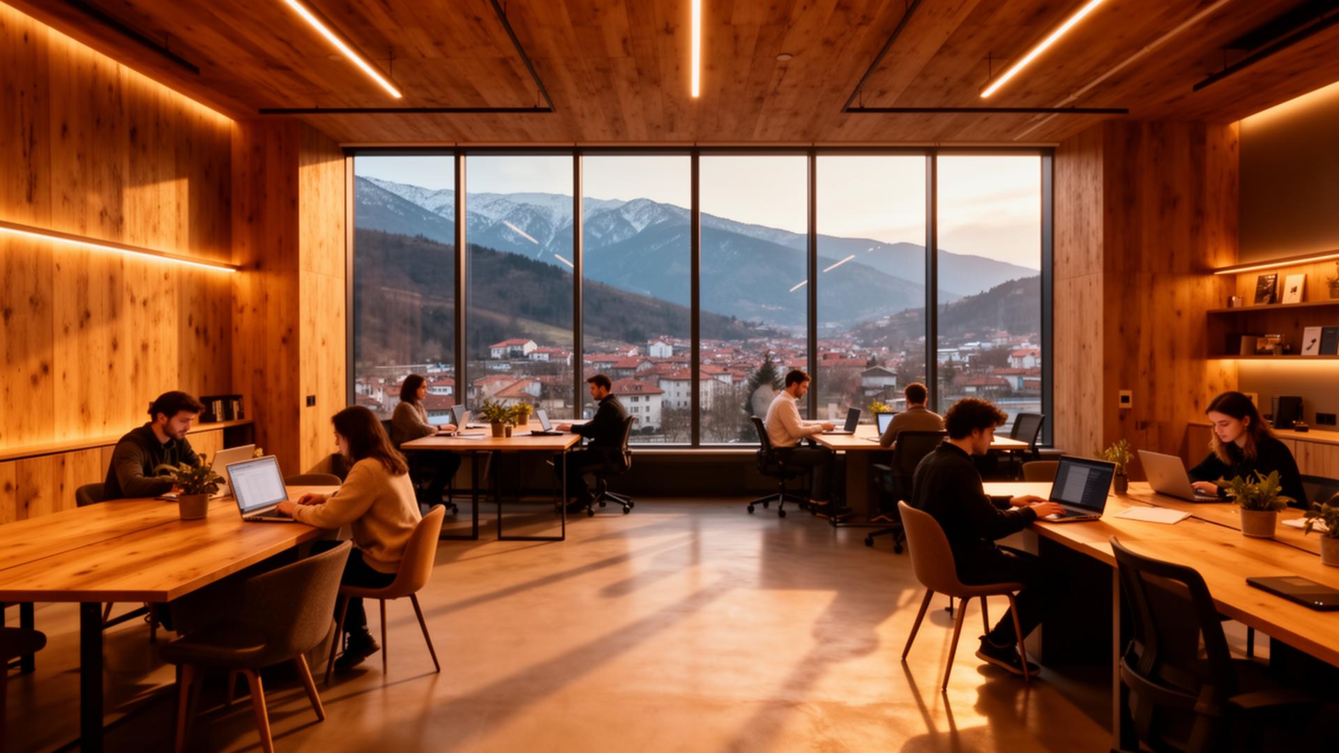 Modern coworking space with mountain views
