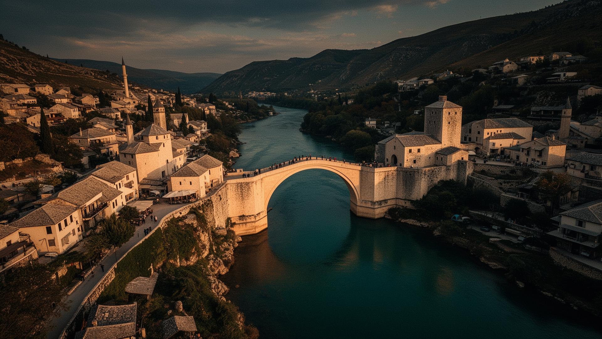 Mostar Old Bridge over the Neretva river at golden hour